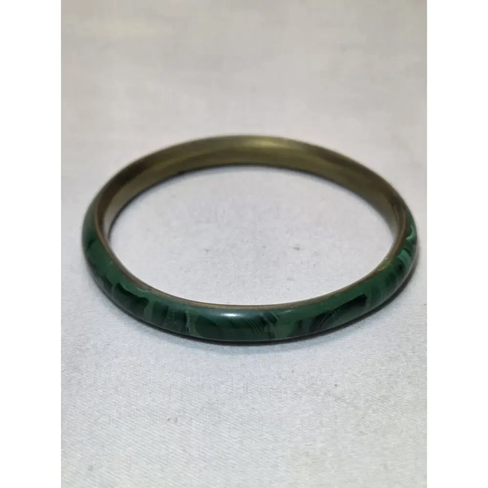 Bangle Bracelet Women OS Green Malachite Brass Inlay Vintage Boho Jewelry Earthy